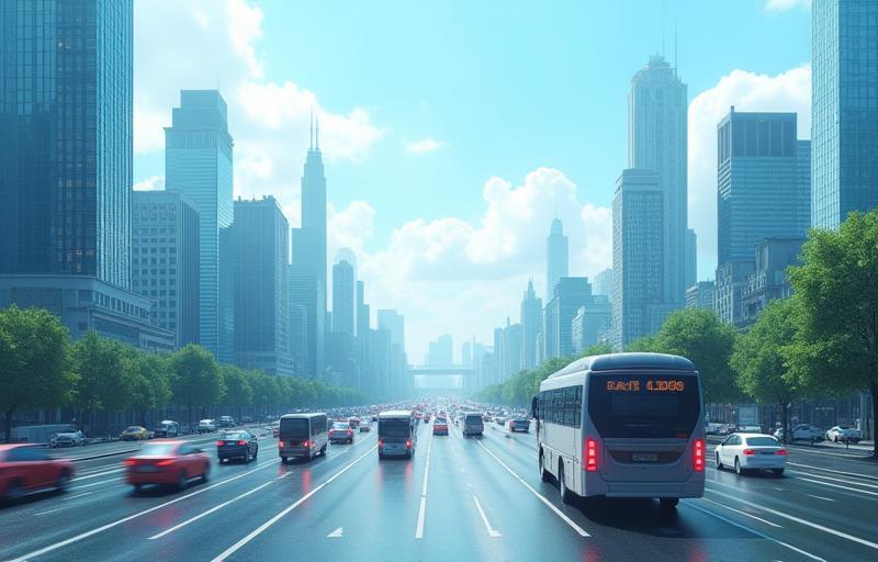 Modern cityscape with various transportation vehicles